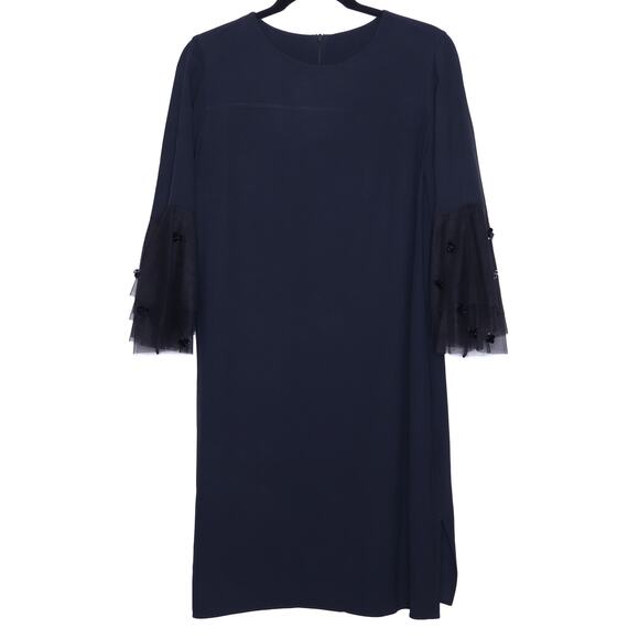 AKRIS PUNTO Embroidered Tulle Sleeve Shift Dress Black Knee Length Women's 12 - Picture 1 of 11